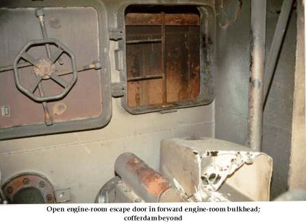 Open engine room escape door in forward engine room bulkhead cofferdam beyond